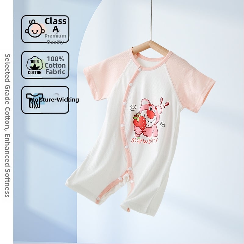 Βρεφικό φορμάκι με κοντά μανίκια από 100% βαμβάκι, ανάλαφρο καλοκαιρινό ύφασμα, μπροστινό κλείσιμο με ένα κουμπί