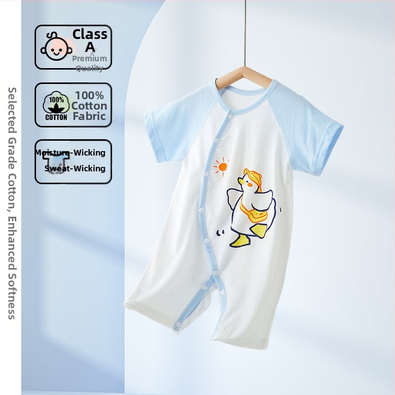 Βρεφικό φορμάκι με κοντά μανίκια από 100% βαμβάκι, ανάλαφρο καλοκαιρινό ύφασμα, μπροστινό κλείσιμο με ένα κουμπί