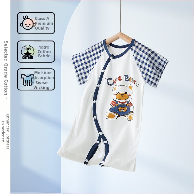 Βρεφικό φορμάκι με κοντά μανίκια από 100% βαμβάκι, ανάλαφρο καλοκαιρινό ύφασμα, μπροστινό κλείσιμο με ένα κουμπί