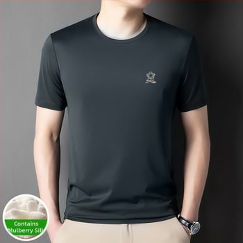 Pánske tričko z Ice Silk s Mulberry hodvábom 71–80%, úzky strih, okrúhly výstrih, krátke rukávy, geometrická potlač, leto 2025