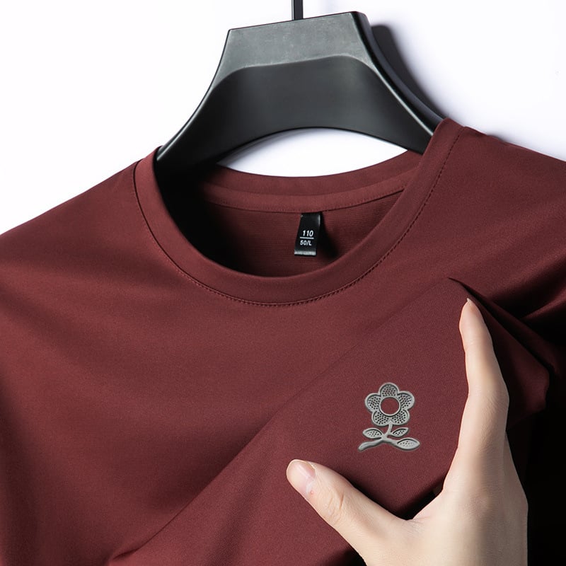 Pánske tričko z Ice Silk s Mulberry hodvábom 71–80%, úzky strih, okrúhly výstrih, krátke rukávy, geometrická potlač, leto 2025