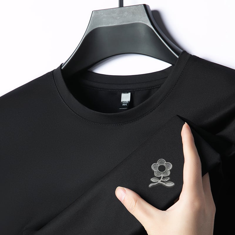 Pánske tričko z Ice Silk s Mulberry hodvábom 71–80%, úzky strih, okrúhly výstrih, krátke rukávy, geometrická potlač, leto 2025