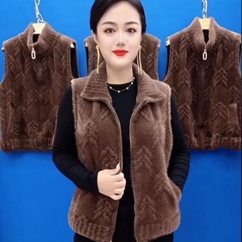 Ženski vest od imitacije mink velura, polo ovratnik, chenille tkanina s elastanom ispod 30%, regular kroj, proljeće 2025