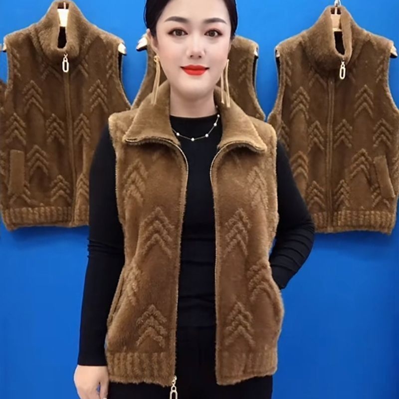 Ženski vest od imitacije mink velura, polo ovratnik, chenille tkanina s elastanom ispod 30%, regular kroj, proljeće 2025