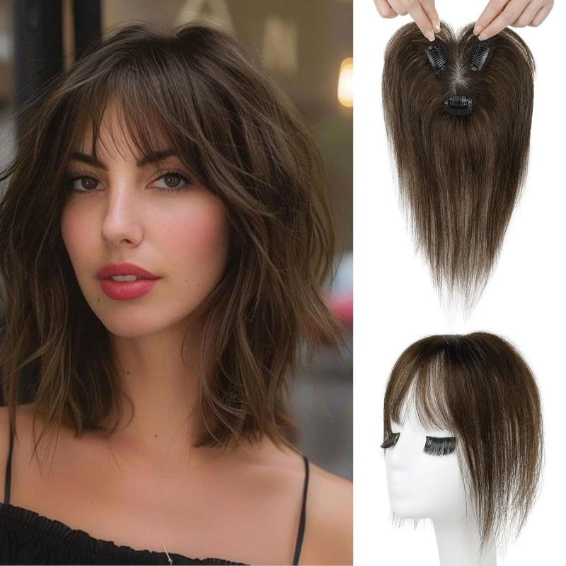 Ženska perika u stilu Europe–Amerika s bangs za pokrivanje sijedih, lagana, nevidljiva, prirodno pahuljasta frizura; Model: Boyfriend; Materijal: vlakna otporna na visoke temperature; Tip kose: ravna; Obrada: mehanizam; Bojanje ili peglanje nije preporučen
