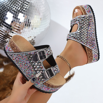 Дамски плажни сандали със кристали, двойна катарама, коркова подметка и PU горна част, закръглен нос