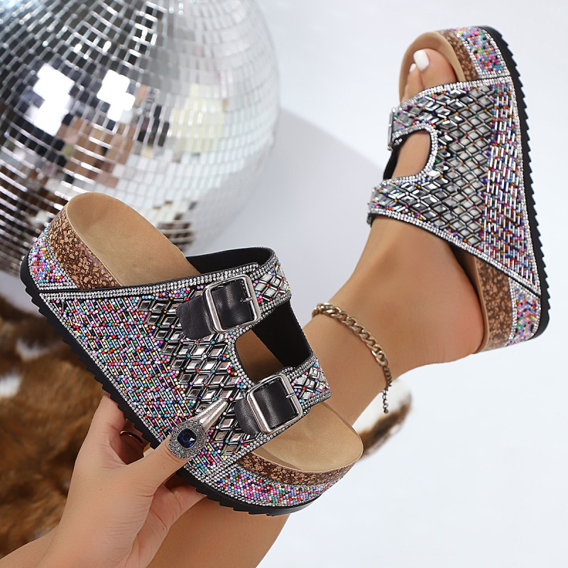 Дамски плажни сандали със кристали, двойна катарама, коркова подметка и PU горна част, закръглен нос