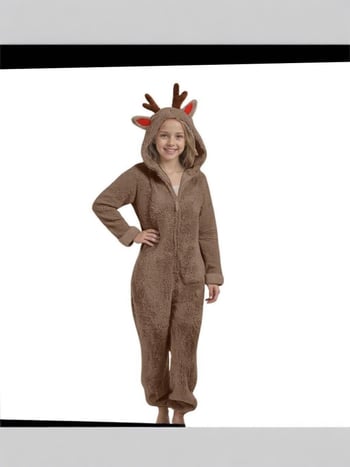 Παιδική ολόσωμη φόρμα με κουκούλα από διπλής όψεως βελούρο, σχέδιο κερατάκια ελαφιού, 90% πολυεστέρας, φλις επένδυση, χειμερινό 2025