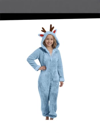 Παιδική ολόσωμη φόρμα με κουκούλα από διπλής όψεως βελούρο, σχέδιο κερατάκια ελαφιού, 90% πολυεστέρας, φλις επένδυση, χειμερινό 2025