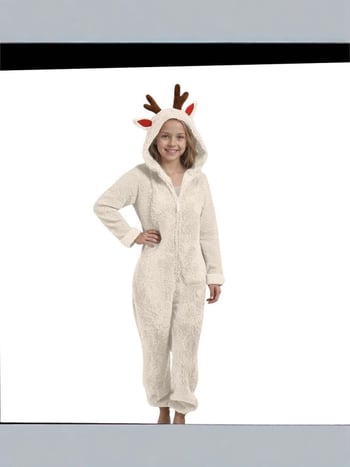 Παιδική ολόσωμη φόρμα με κουκούλα από διπλής όψεως βελούρο, σχέδιο κερατάκια ελαφιού, 90% πολυεστέρας, φλις επένδυση, χειμερινό 2025