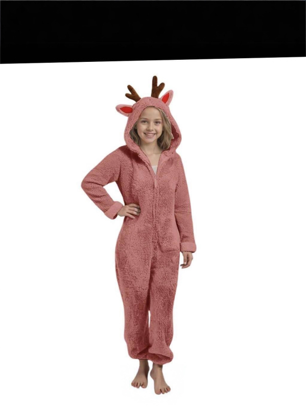 Παιδική ολόσωμη φόρμα με κουκούλα από διπλής όψεως βελούρο, σχέδιο κερατάκια ελαφιού, 90% πολυεστέρας, φλις επένδυση, χειμερινό 2025
