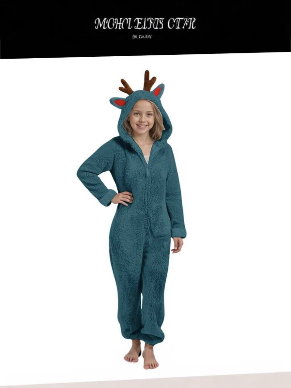 Παιδική ολόσωμη φόρμα με κουκούλα από διπλής όψεως βελούρο, σχέδιο κερατάκια ελαφιού, 90% πολυεστέρας, φλις επένδυση, χειμερινό 2025