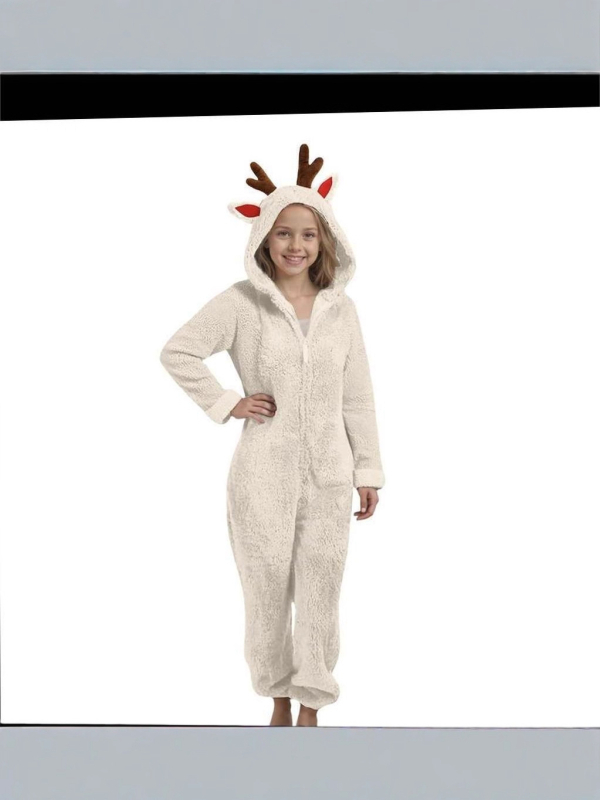 Παιδική ολόσωμη φόρμα με κουκούλα από διπλής όψεως βελούρο, σχέδιο κερατάκια ελαφιού, 90% πολυεστέρας, φλις επένδυση, χειμερινό 2025