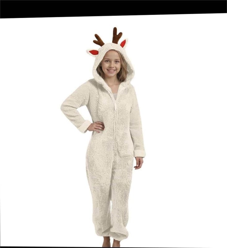 Παιδική ολόσωμη φόρμα με κουκούλα από διπλής όψεως βελούρο, σχέδιο κερατάκια ελαφιού, 90% πολυεστέρας, φλις επένδυση, χειμερινό 2025