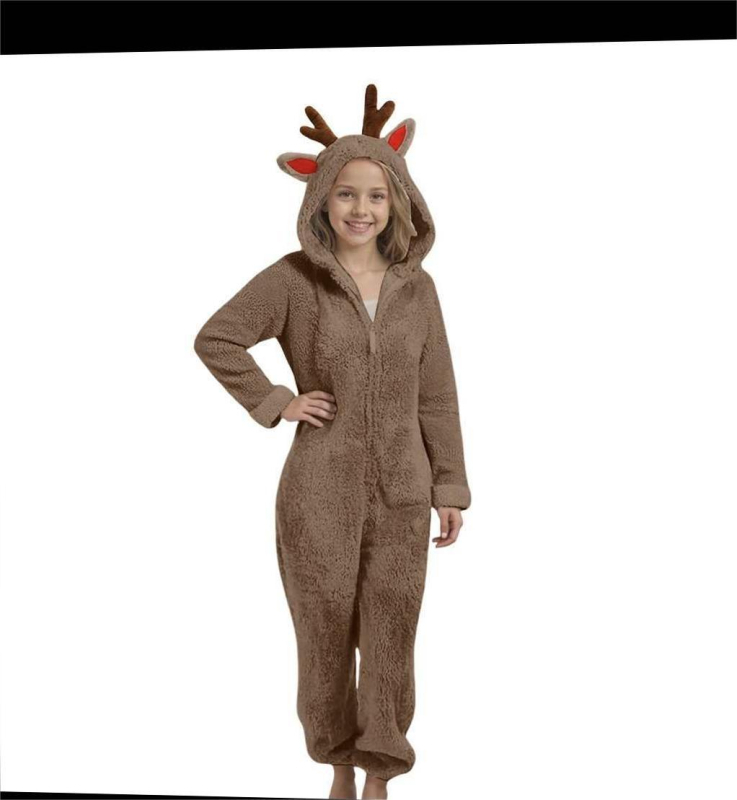 Παιδική ολόσωμη φόρμα με κουκούλα από διπλής όψεως βελούρο, σχέδιο κερατάκια ελαφιού, 90% πολυεστέρας, φλις επένδυση, χειμερινό 2025