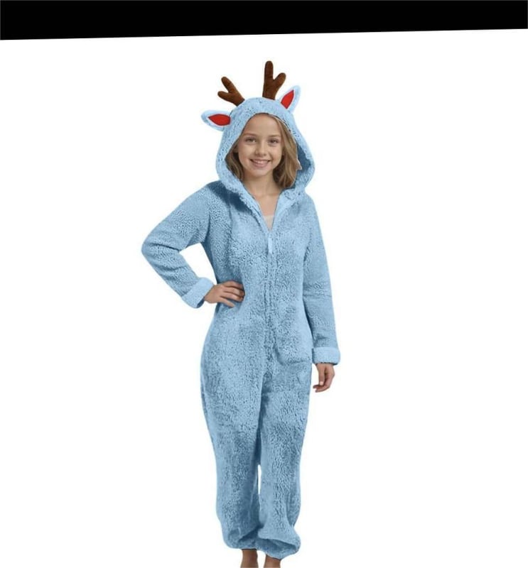 Παιδική ολόσωμη φόρμα με κουκούλα από διπλής όψεως βελούρο, σχέδιο κερατάκια ελαφιού, 90% πολυεστέρας, φλις επένδυση, χειμερινό 2025