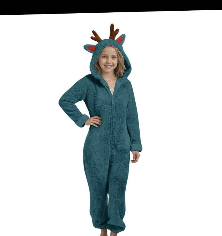 Παιδική ολόσωμη φόρμα με κουκούλα από διπλής όψεως βελούρο, σχέδιο κερατάκια ελαφιού, 90% πολυεστέρας, φλις επένδυση, χειμερινό 2025