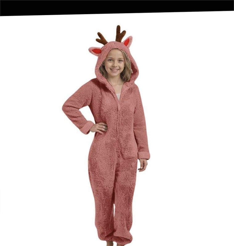 Παιδική ολόσωμη φόρμα με κουκούλα από διπλής όψεως βελούρο, σχέδιο κερατάκια ελαφιού, 90% πολυεστέρας, φλις επένδυση, χειμερινό 2025