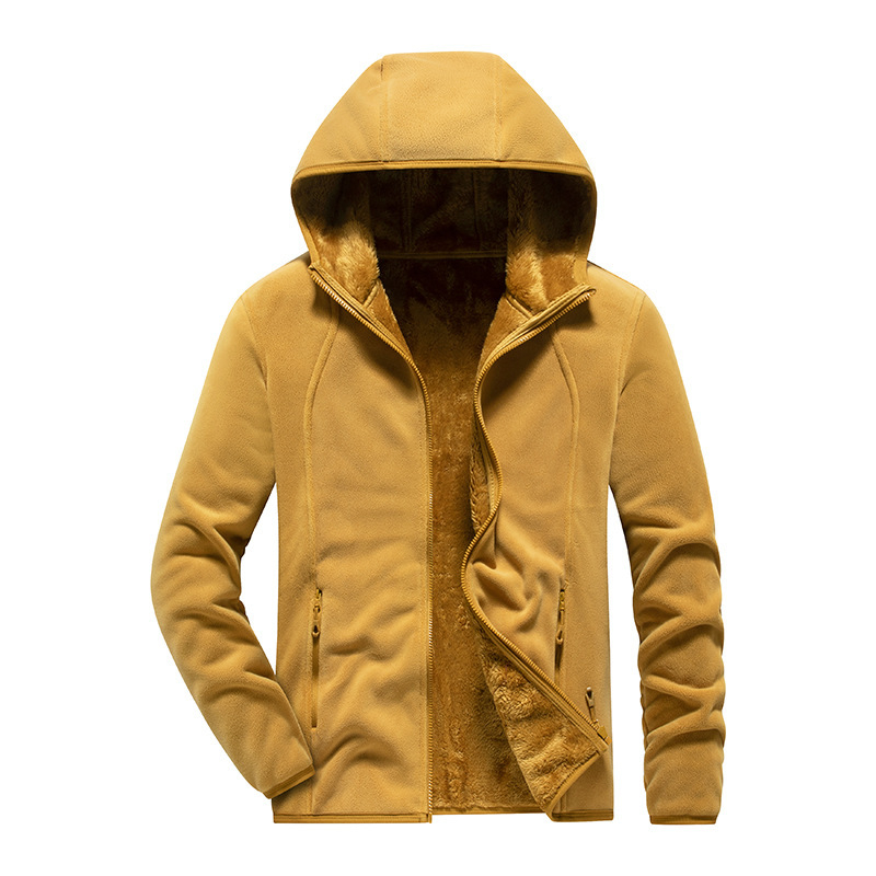 Fordítható polár dzseki kapucnival, belső korall polár bélés, uniszex kardigan-stílus, poliészter anyag