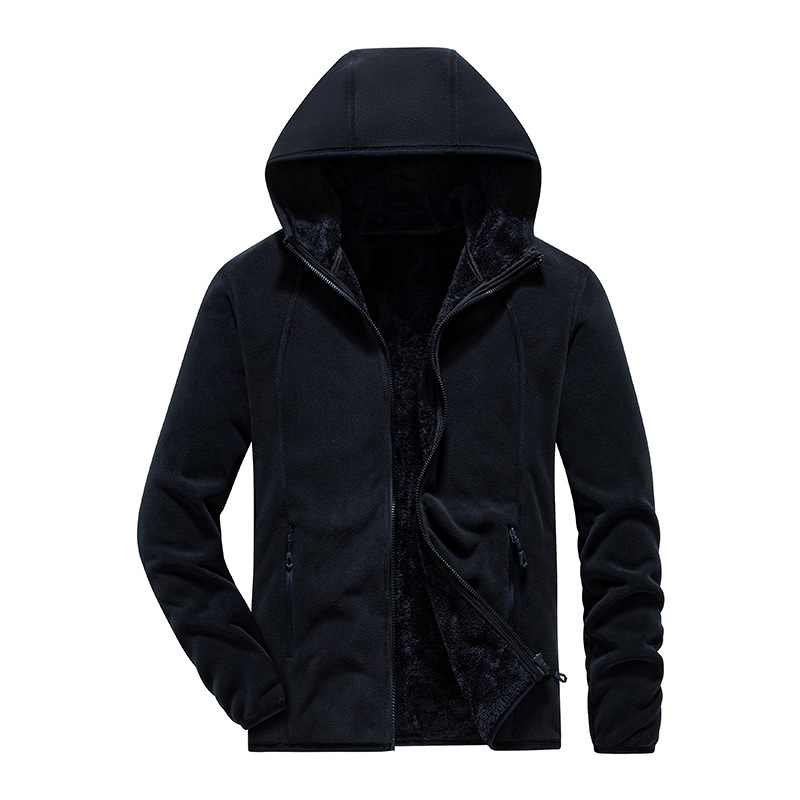 Fordítható polár dzseki kapucnival, belső korall polár bélés, uniszex kardigan-stílus, poliészter anyag