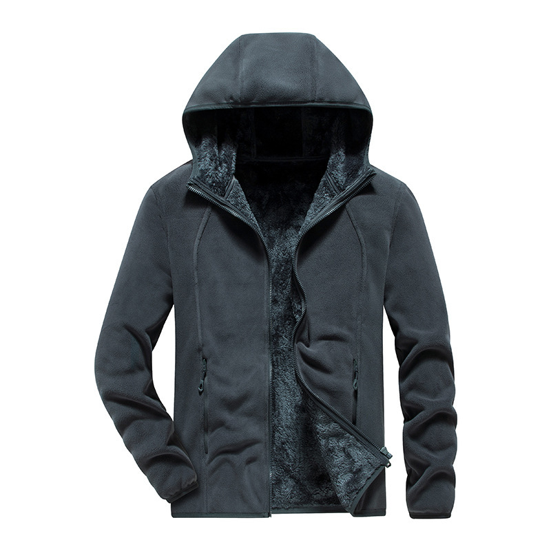 Fordítható polár dzseki kapucnival, belső korall polár bélés, uniszex kardigan-stílus, poliészter anyag