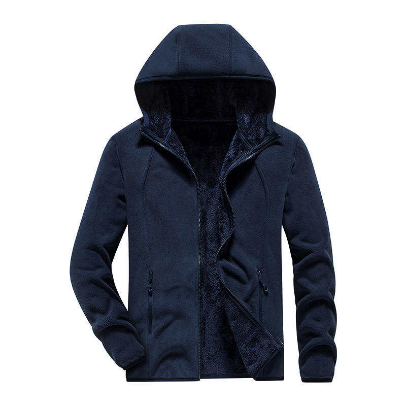 Fordítható polár dzseki kapucnival, belső korall polár bélés, uniszex kardigan-stílus, poliészter anyag