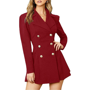 Γυναικείο στενό μπλέιζερ με διπλό κουμπί και V-λαιμόκοψη, μεσαίου μήκους, μακριά μανίκια, πολυεστέρας