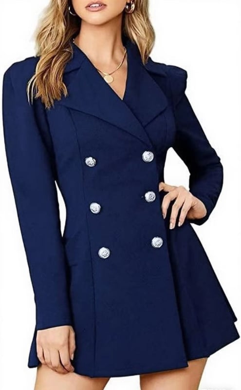 Γυναικείο στενό μπλέιζερ με διπλό κουμπί και V-λαιμόκοψη, μεσαίου μήκους, μακριά μανίκια, πολυεστέρας