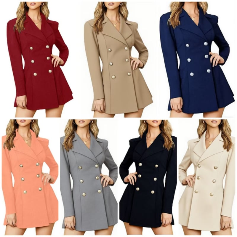 Γυναικείο στενό μπλέιζερ με διπλό κουμπί και V-λαιμόκοψη, μεσαίου μήκους, μακριά μανίκια, πολυεστέρας