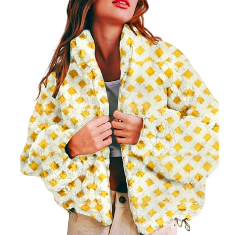 Geacă damă din lână de miel, model pătrățel, poliester 95%+, iarna 2025