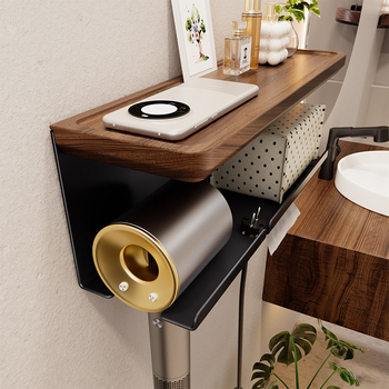 Organizator baie din lemn de nuc cu suport integrat pentru uscător de păr și prosoape, 2 etaje, suprafață anodizată, încărcare 5–10 kg