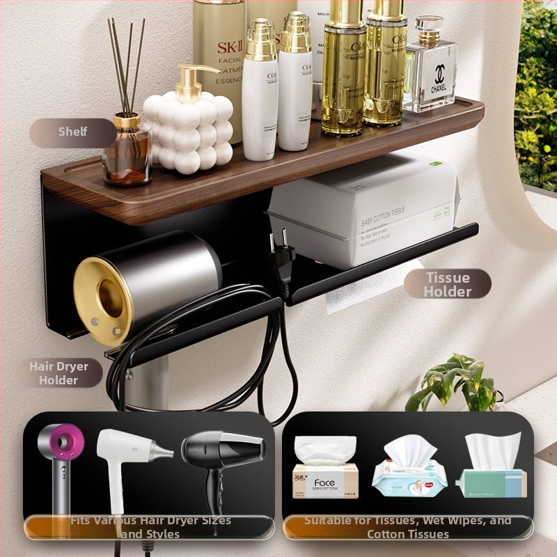 Organizator baie din lemn de nuc cu suport integrat pentru uscător de păr și prosoape, 2 etaje, suprafață anodizată, încărcare 5–10 kg