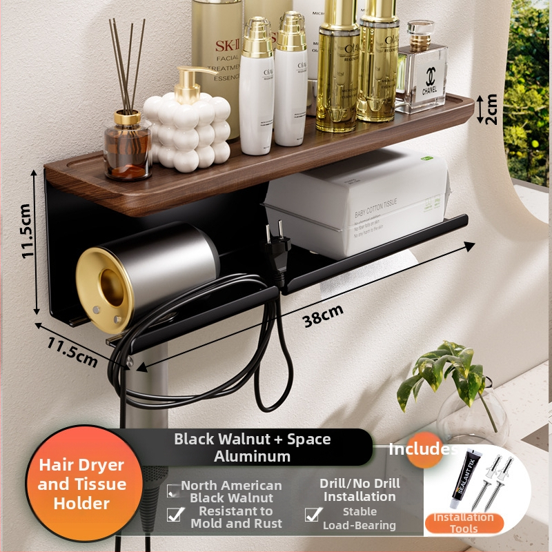 Organizator baie din lemn de nuc cu suport integrat pentru uscător de păr și prosoape, 2 etaje, suprafață anodizată, încărcare 5–10 kg