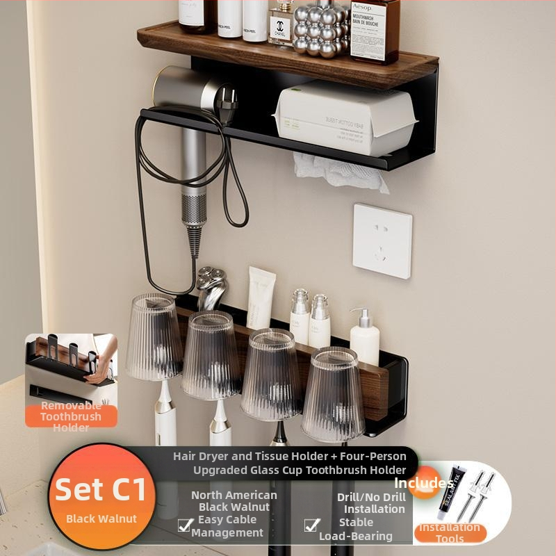 Organizator baie din lemn de nuc cu suport integrat pentru uscător de păr și prosoape, 2 etaje, suprafață anodizată, încărcare 5–10 kg