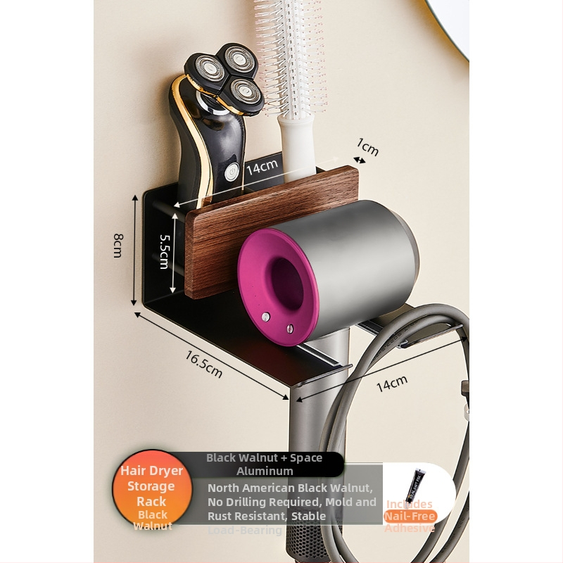 Organizator baie din lemn de nuc cu suport integrat pentru uscător de păr și prosoape, 2 etaje, suprafață anodizată, încărcare 5–10 kg