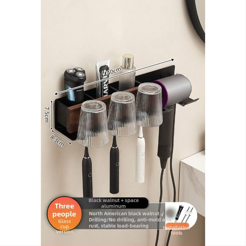 Organizator baie din lemn de nuc cu suport integrat pentru uscător de păr și prosoape, 2 etaje, suprafață anodizată, încărcare 5–10 kg