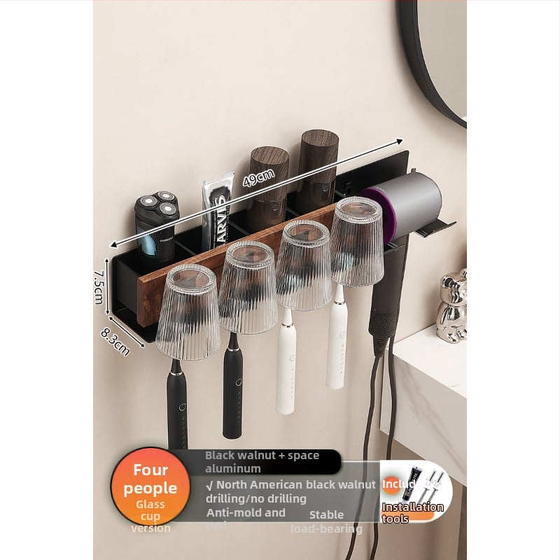 Organizator baie din lemn de nuc cu suport integrat pentru uscător de păr și prosoape, 2 etaje, suprafață anodizată, încărcare 5–10 kg