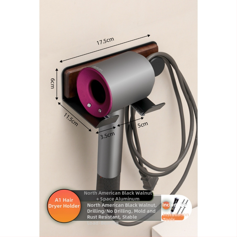 Organizator baie din lemn de nuc cu suport integrat pentru uscător de păr și prosoape, 2 etaje, suprafață anodizată, încărcare 5–10 kg