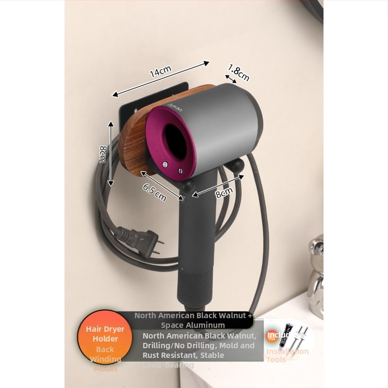 Organizator baie din lemn de nuc cu suport integrat pentru uscător de păr și prosoape, 2 etaje, suprafață anodizată, încărcare 5–10 kg