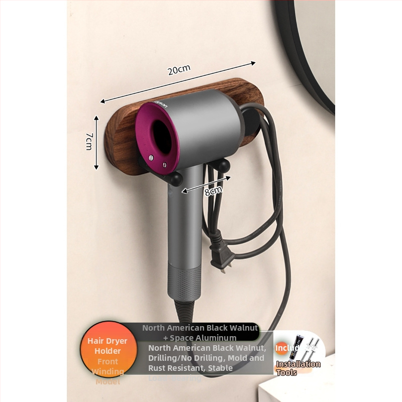 Organizator baie din lemn de nuc cu suport integrat pentru uscător de păr și prosoape, 2 etaje, suprafață anodizată, încărcare 5–10 kg