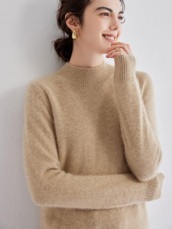 Дамски пуловер от кашмир, свободен силует, 30–50% кашмир съдържание, полутръбна яка, дълги ръкави