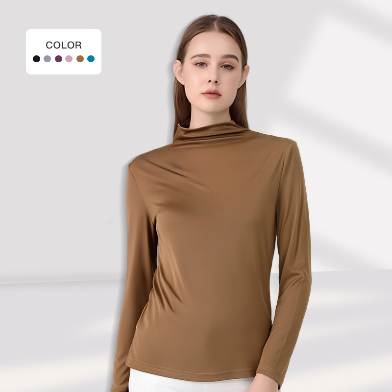 Ženski pleteni top od Mulberry svile – poluvisoki ovratnik, dugi rukavi, slobodan kroj, jednobojni uzorak