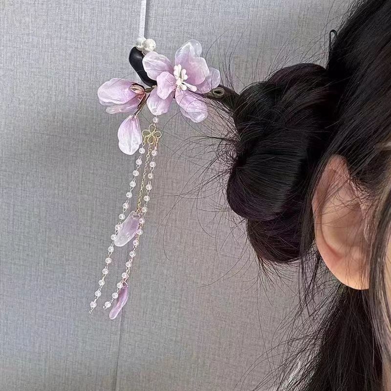 Spinja za kosu s dugim resicama – staklena, retro stil, oblik lista, cvjetni motiv za cheongsam, proljeće 2024