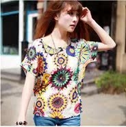 Dámska šifónová blúzka s potlačou, voľný strih, bat rukáv, okrúhly výstrih, letný top, dĺžka 50–65 cm