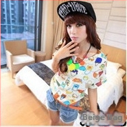 Dámska šifónová blúzka s potlačou, voľný strih, bat rukáv, okrúhly výstrih, letný top, dĺžka 50–65 cm