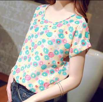 Dámska šifónová blúzka s potlačou, voľný strih, bat rukáv, okrúhly výstrih, letný top, dĺžka 50–65 cm