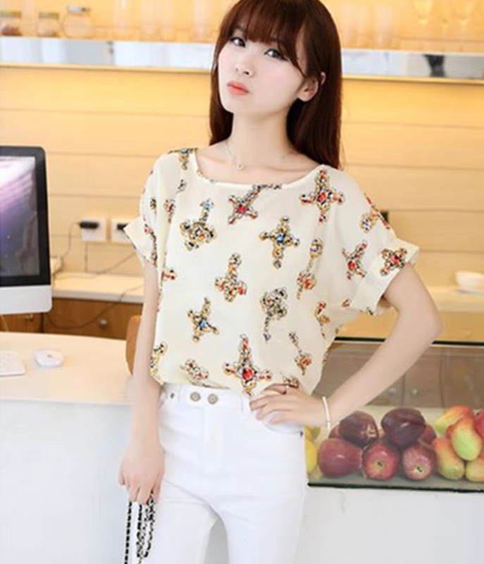 Dámska šifónová blúzka s potlačou, voľný strih, bat rukáv, okrúhly výstrih, letný top, dĺžka 50–65 cm