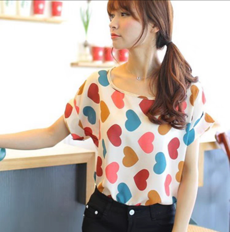 Dámska šifónová blúzka s potlačou, voľný strih, bat rukáv, okrúhly výstrih, letný top, dĺžka 50–65 cm