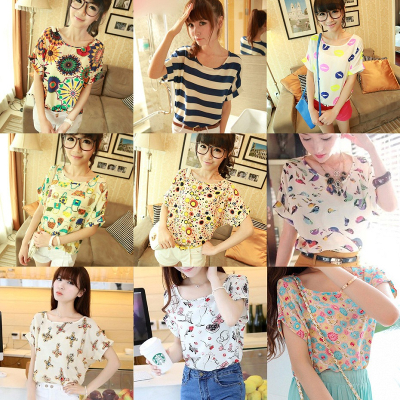 Dámska šifónová blúzka s potlačou, voľný strih, bat rukáv, okrúhly výstrih, letný top, dĺžka 50–65 cm