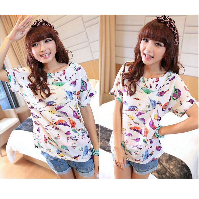 Dámska šifónová blúzka s potlačou, voľný strih, bat rukáv, okrúhly výstrih, letný top, dĺžka 50–65 cm